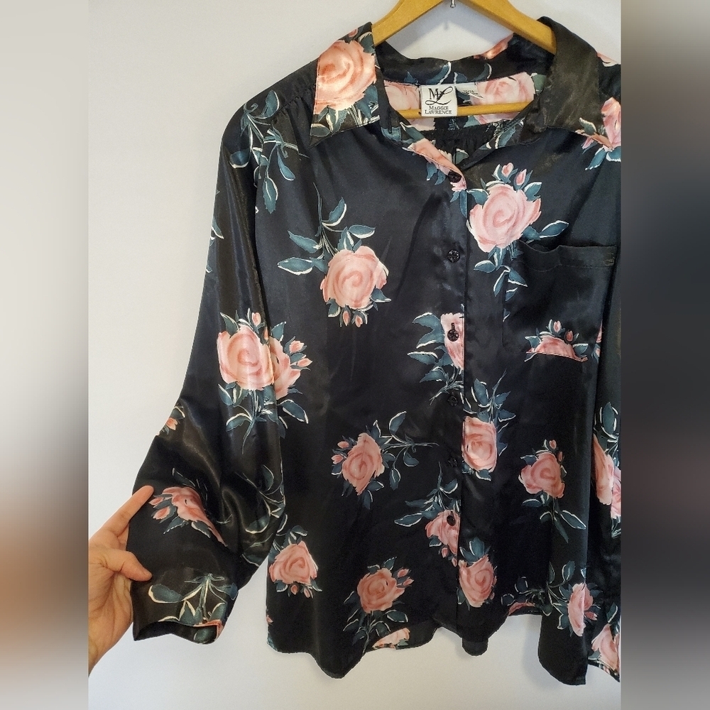 Black Floral Button Down Pajama Shirt - Picture 7 of 9